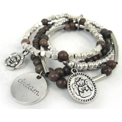 Free drop shipping Fashion women brown semi precious stone with alloy dream,rose flower charm pipe,square elasticity bracelet