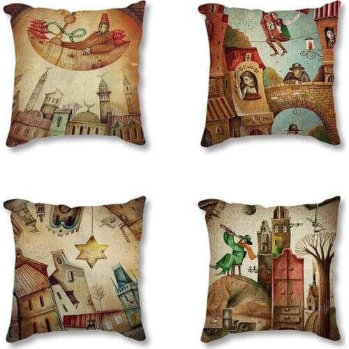 Fairy City Dream Boat Star Night Inspire Posters Print Decorative Cushion Cover For Sofa Vintage Retro Throw Pillow Case 45x45cm