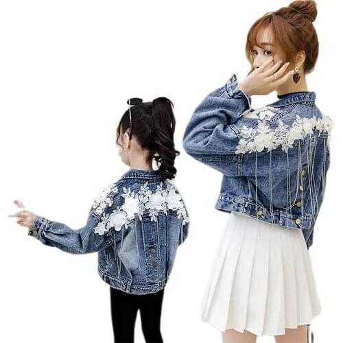 2021Parent Child Jeans Spring Autumn Mother Daughter Korean Girl Short Cute Coat Mother Beading Flower Cool Fashion Denim Jacket