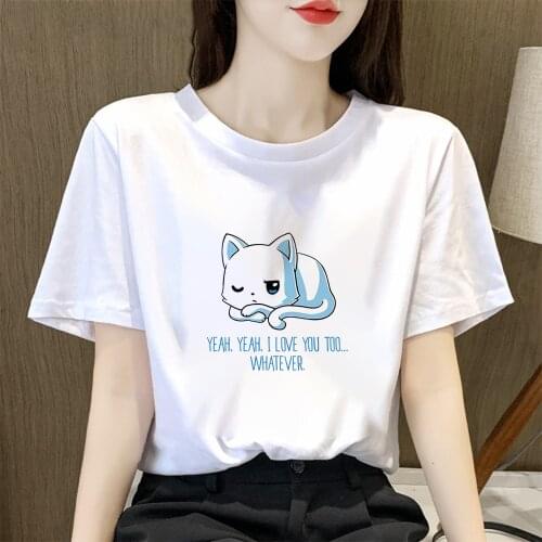 Small White Cat Love Graphic T-shirt Women Yeah Yeah I love you too whatever Short Sleeve Family Creative Leisucre Tee Shirt
