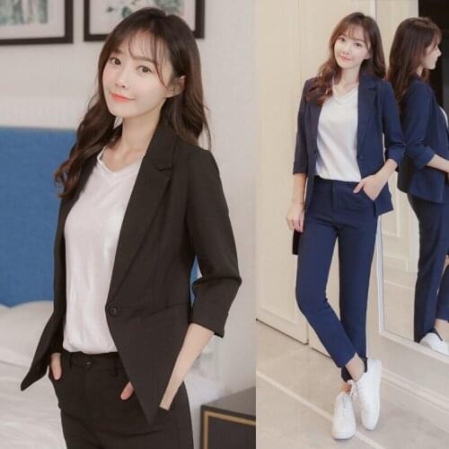 Set female 2019autumn new temperament casual five-point sleeve solid color small suit + straight pants elegant fashion two-piece
