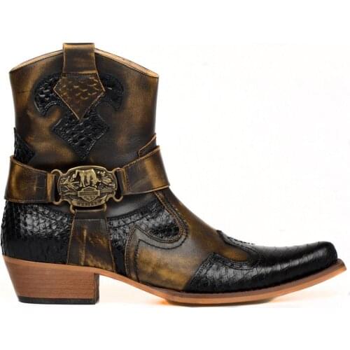 FootCourt- Brown Cowboy Ankle Boots For Men Black Snake Printed Genuine Cow Leather Pointed Toe Side Zipper Harness Buckle texas