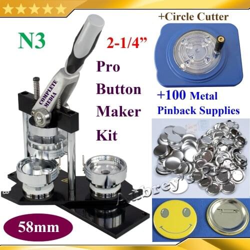 Free Shipping Pro N3 2-1/4":58mm Badge Button Maker Machine + Adjustable Circle Cutter+100Sets Metal Pinback Supplies
