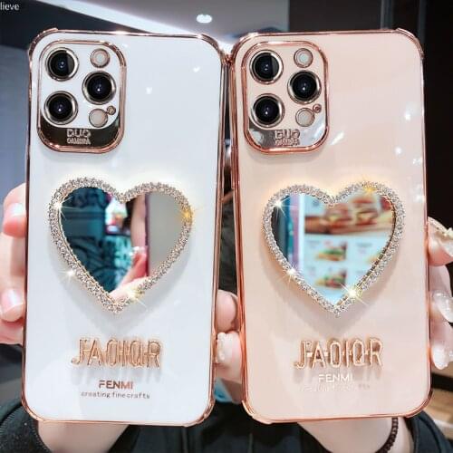 Fashion Brand Plating Love Heart Mirror for Iphone 12 11 Pro Max 7 8 Plus X XR Girl Diamond Crystal Soft Gift for girls