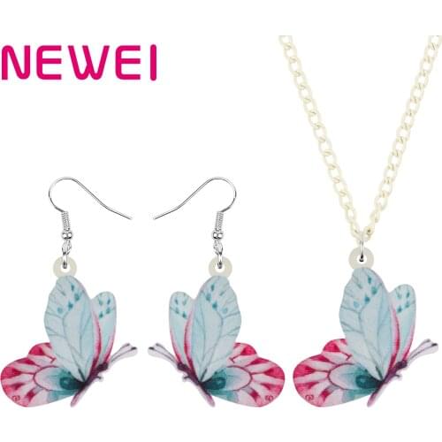 Newei Acrylic Flying Blue-pink Butterfly Jewelry Sets Cute Animal Insect Long Necklace Earrings For Women Girls Kid Trendy Gift