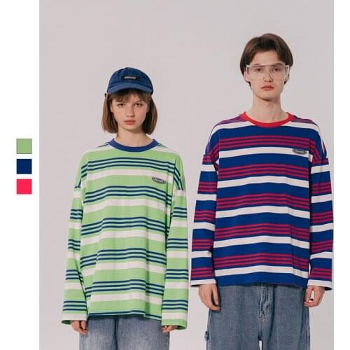 Spring Autumn New T-Shirt Fashion Trend Hip-Hop Ins Long-Sleeved Men Women Couples Korean Striped Loose Round Neck Pullover Tops
