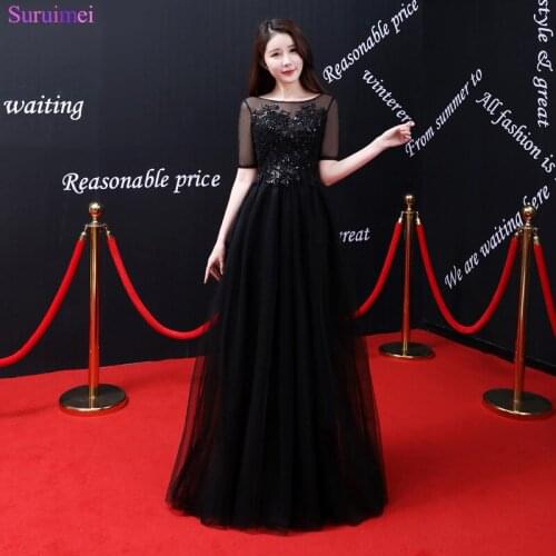 2018 New Arrival Black Beaded Sequines Evening Dresses Sheer Illusion See Through Open Back Corset Long Evening Gown