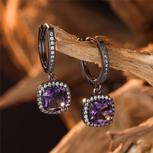 Charming Purple Stone Square Zircon Drop Earrings For Women Wedding Jewelry Vintage Fashion Black Gold Multicolor Dangle Earring