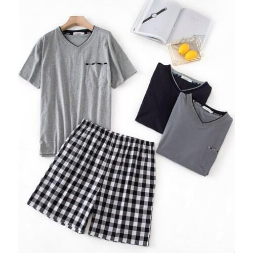 New Plus size Summer pure cotton men pajamas sets fashion v-neck casual 100% cotton shorts sleepwear men simple male homewear