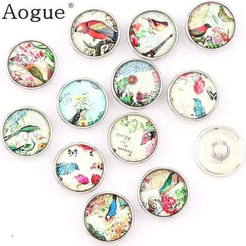 Factory 12pcs High Quality 18mm Singing Birds Fragrant Flower Glass Metal Snaps buttons DIY Snap Charms Jewelry Bracelet&Bangle