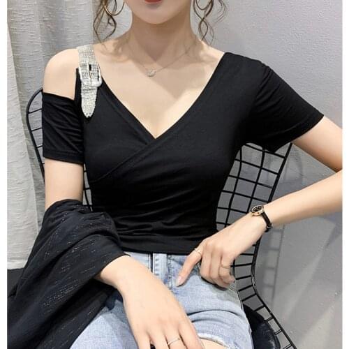 GGRIGHT Sexy V Neck Knitted Tshirt Womens Casual Short Sleeve T-Shirt Tops White Tee Shirt Femme 2021 Summer Clothes For Women