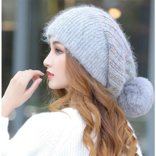 Autumn WInter Women Knitted Skullies Caps Fluffy Fur Ball Korea Fashion Thick Warm Beanie Hat Windproof Earflap Cap 6 Colors