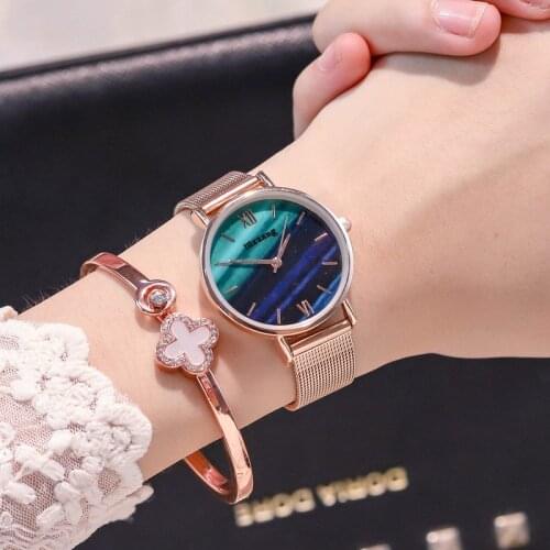 Women Fashion Striped Dial Design Watches Ulzzang Luxury Brand Rose Gold Mesh Strap Ladies Wristwatches Female Quartz Green Hour