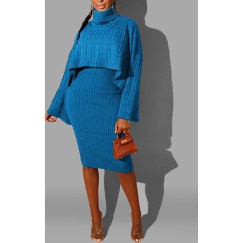 2Pcs Sexy Women Solid Color Long Sleeve Turtle Neck Pullover Sweater Vest Dress Top Flare Sleeve Sweater Dress Women Jumper-Suit