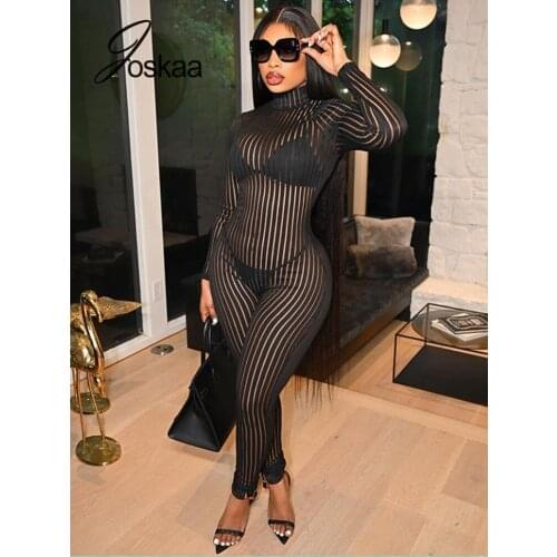 Joskaa Black Stripe See Through Long Sleeve Zip One Piece Jumpsuit Women Sexy Overalls Fall 2021 Elegant Party Club Rompers