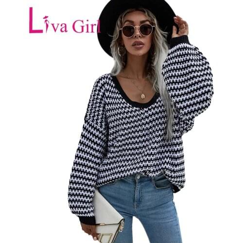 LIVA GIRL Woman 2021 Autumn Winter Striped V-Neck Loose Knitted Sweater Female Casual Loose Long Sleeve Slim Pullover Tops S-XL
