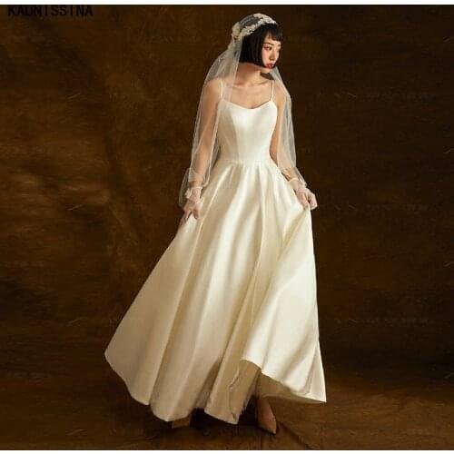 KAUNISSINA Spaghetti Strap A-Line Wedding Dress White Satin Simple Bride Vestidos Boho Bohemian Beach Romantic New Bridal Gowns