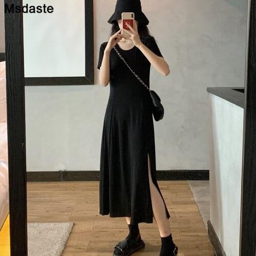 Long Dress Women 100% Cotton O-neck Short Sleeve A-line Summer Mid-calf Casual Black Vestidos Sexy A-line Stretchy Woman Dresses