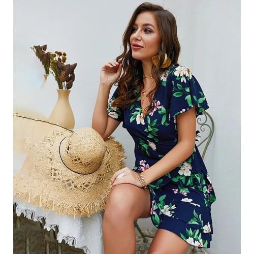 Sexy Deep V-neck Ruffle Print Mini Dress Women Summer Fashion Casual Floral Slim Dresses For Women 2021 Blue Lace Up Robe Femme