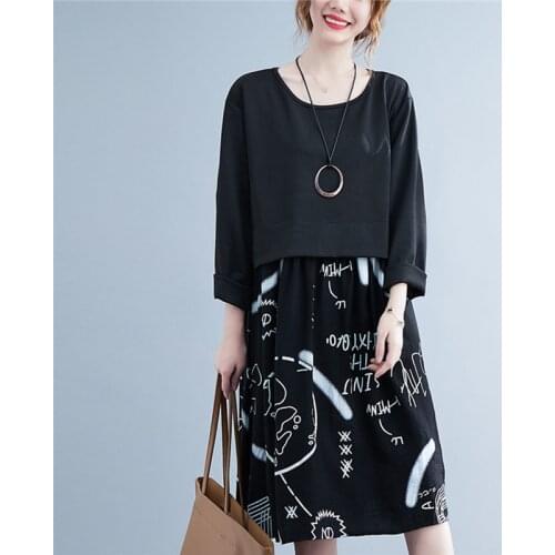 2021 New Arrival Knitted Cotton Linen Patchwork Fashion Autumn Dress Tie Dye Print Street Women Casual Spring Midi Dress