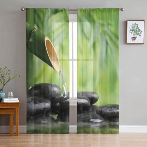 Bamboo Forest Water Stone Zen Tulle Window Treatment Sheer Curtains for Kitchen Living Room the Bedroom Curtains Decoration