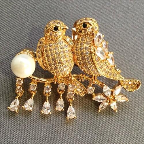 Hijab Pins CZ Brooch Micro-inlaid Zircon Bibi Bird Animal Couple Pearls Fashion Femme Jewelry Clothes Accessories Gift for Women
