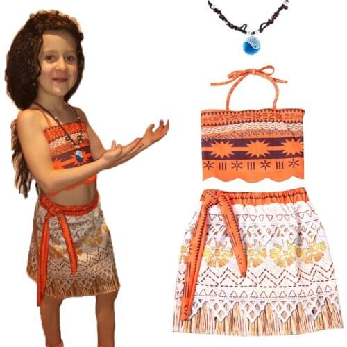 2018 New Moana Cartoon dress Kids girl princess shirt dress Moana necklace pandent vaiana cosplay costume accessary 3-10 Years