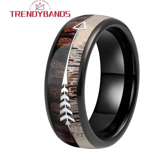 Men Women Tungsten Black Ring With Zebra Wood Antler Arrows Inlay 8MM Comfort Fit