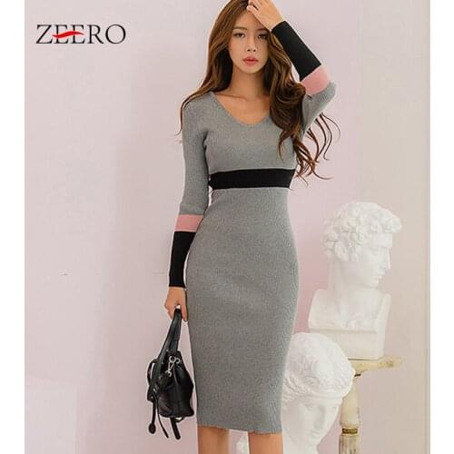 Autumn Women Contrast Stripes Sexy Jacquard Knitting Midi Dress Winter Long Sleeves Base Warm High Elasticity Bodycon Dresses