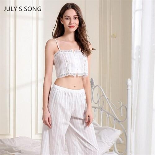 JULYS SONG Pajamas Set Summer Spring Sleepwear Female Sexy Wide Leg Silng Trousers Loose Cotton Women White Nightwear