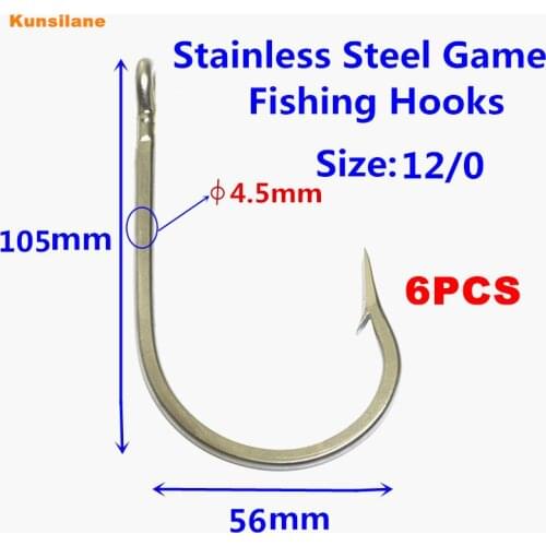 Premium Qulity 6pcs 7691S Size 12/0 Stainless Steel Big Game Fishing Hooks Sharpened Southern Tuna Saltwater Fishing Tackle