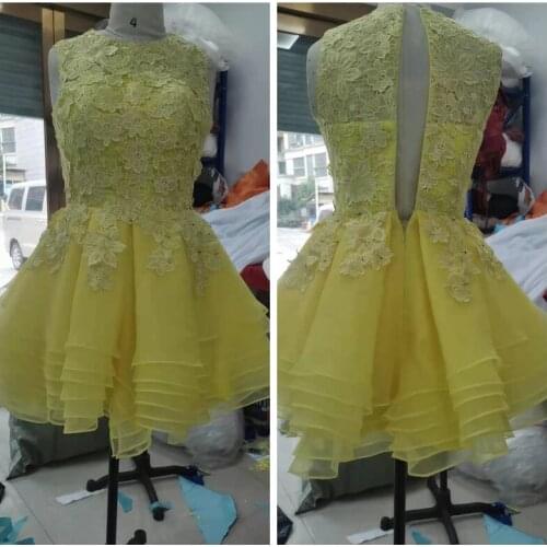 Real Photos O-Neck Short Homecoming Dresses 3D Lace Appliques Yellow Evening Gowns Tiered Robe De Soiree
