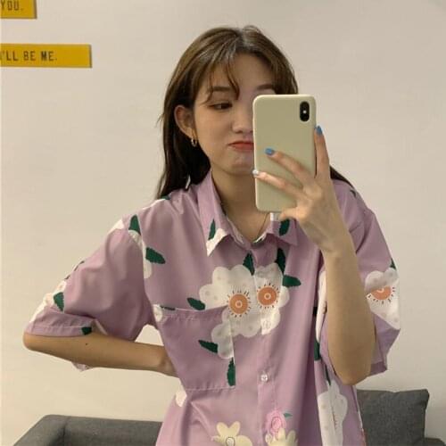 Loose BF Korean Style Pockets Flower pattern lovely top clothes tee lapel shirt Women Shirts Loose Oversized Female