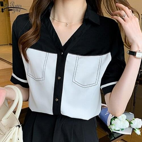 V Neck Plus Size Summer Women Blouses 2021 Chiffon Shirt Short Sleeve Women Shirts Female Clothing Vintage Single Breasted 14249