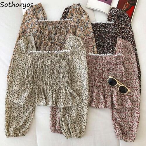 Women Blouses Slim Long Sleeve Crop Tops Floral Printed Sweet Elegant Fashion Korean Style Square Collar StreetWear Trendy New