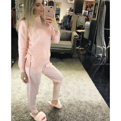 2020 Drawstring O-neck Wool Full Women Sweater New Woman Cashmere 2 Piece Suit Elegant Tie Knit Trousers Two-piece Female