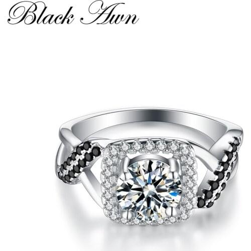 Luxury Anillos Mujer Rings for Women 100% Genuine 925 Sterling Silver Jewelry Square Black&White Stone Engagement Ring C194