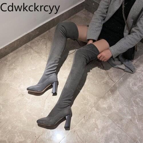 Winter The New fashion Round head Tall tube Over the knee Boots Plus cashmere Keep warm High heel Women boots plush size 34-43