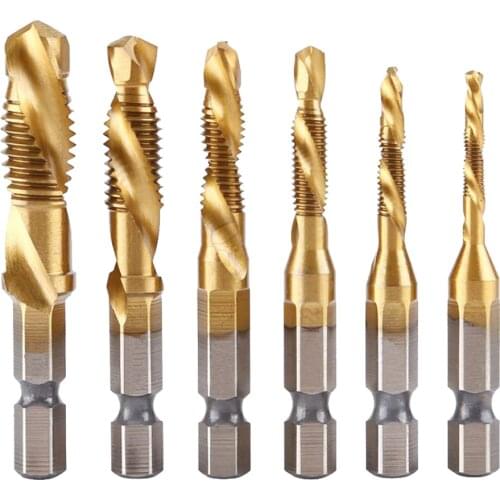 6Pcs M3-M10 Hex Shank Titanium Plated HSS Screw Thread Metric Tap Drill Bits 1/4" Hex Drills Woodworking Combination Drill Bits