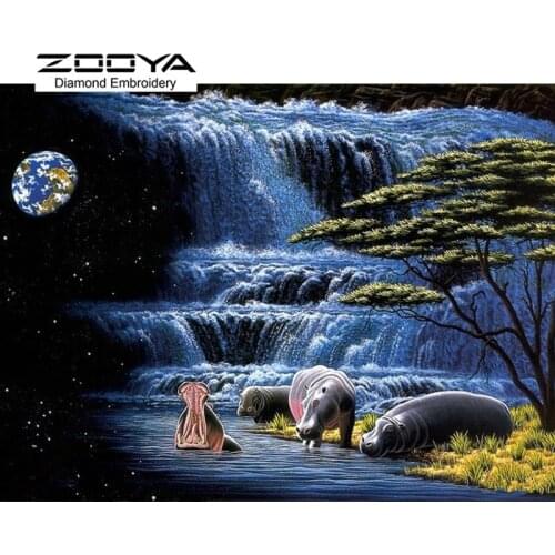 5D DIY Diamond Painting Landscape Waterfall Crystal Diamond Painting Cross Stitch Hippo Scenic Needlework Home Decorative BJ982