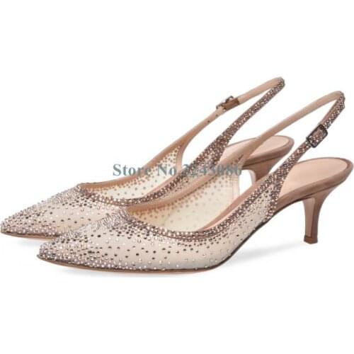 Pointed Toe Mesh Crystal Thin Heel Sandals Bling Bling Rhinestone Slingback Elegant Banquet Shoes Nude Suede Mid Cat Heel Shoes