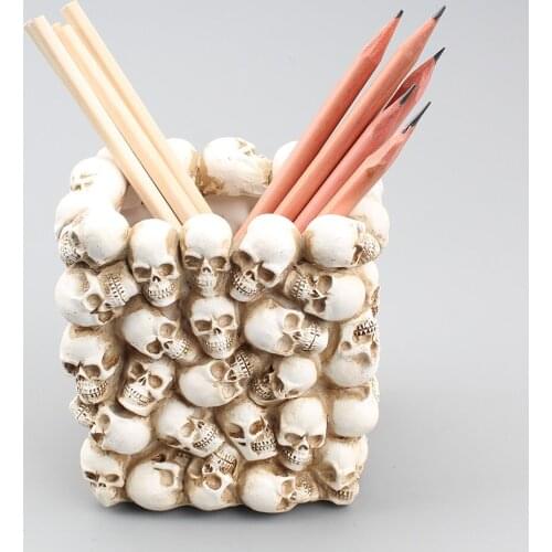 Skull Head Ornament Skeleton Pen Holder Desktop Pencil Organizer Makeup Storage
