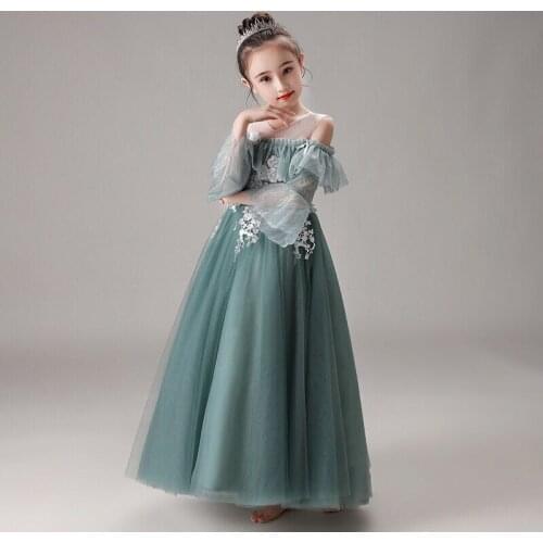 Flower Girl Dresses Illusion Pearls Embroidery V-Neck Three Quarter Off The Shoulder Princess Floor-Length Kids Party Gown H326