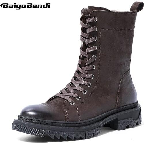 Must Have!! Mid Calf Boots Men Full Grain Leather Lace UP Zipper Soliders Desert Boots Trendy Winter Shoes Man