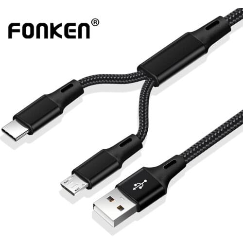 FONKEN 2 in 1 Micro USB Cable Type C Cables Fast Charge Charger Cable Tablet Phone Charge Cord 2in1 Nylon Braided Android Wires