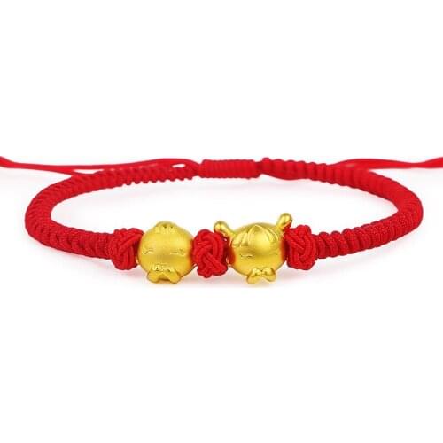 Perfect Real 24k Yellow Gold Women Cute Boy And Girl Red Knitted Bracelet 6.7"L