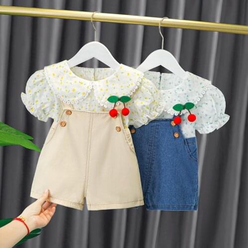 2021 Baby Girls Clothing Set Summer Short Sleeve Floral Blouse Tops Cotton Jumpsuit 2Pcs Outfits Cute Children Clothes Girl Suit