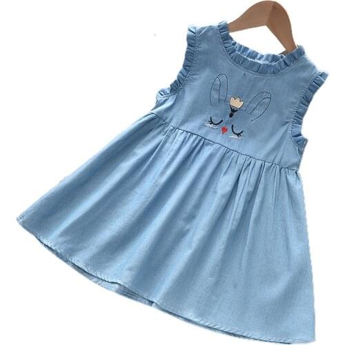 Summer Little Girls Clothes Cotton Casual Denim Dress Cute Cartoon Cat Embroidered Princess Dress Sleeveless Kids Sundress
