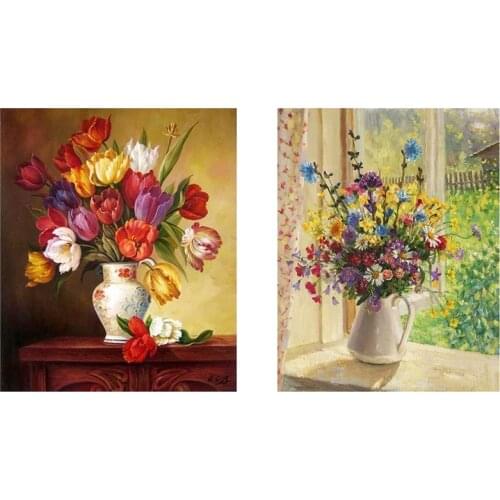 2set Diy Cross Stitch By Number Kit Diy Arts Craft Wall Decor, Full Drill Flower of Summer, No Frame & Tulip Flower Vase