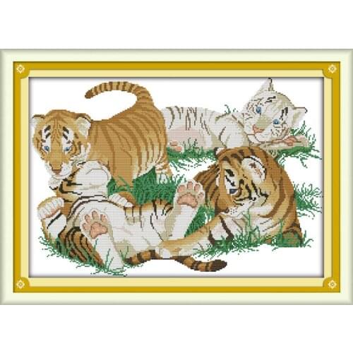 Four Little Tigers Printed Cross Stitch Kit Aida 14ct 11ct Animal Pattern DIY Needlework Embroidery Kit Home Decoration Painting